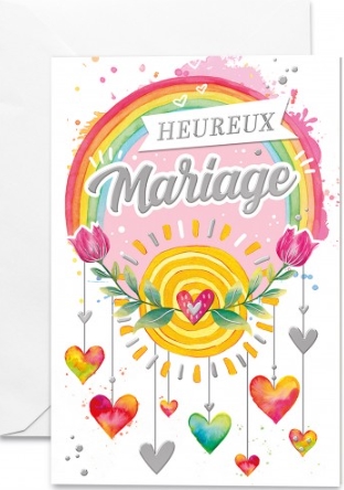 Carte double mariage coeurs multicolores attachés à un arc-en-ciel
