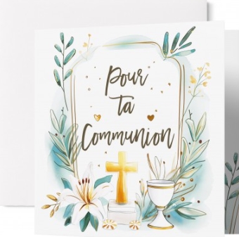 Carte double communion motifs floraux blancs, croix et coupe