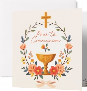 Carte double communion Couronne florale, coupe et croix
