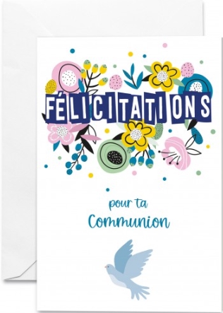 Carte double communion colombe et fleurs colorées