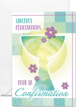 Carte double confirmation calice en dégradé vert et jaune avec fleurs violettes