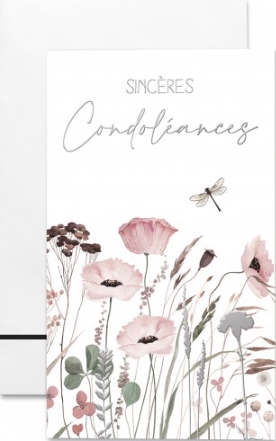 Carte double condoléances fleurs roses et argentées et libéllule