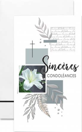 Carte double condoléances fleur de lys et feuillages dorés sur fond vert émeraude