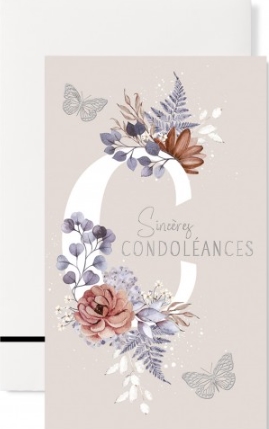 Carte double condoléances fleurs et papillons sur fond gris