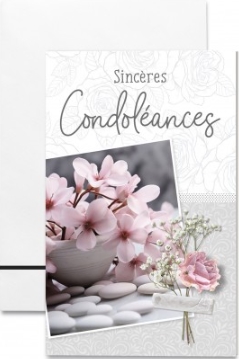 Mignonnette condoléances fleurs roses et galets blancs sur fond gris