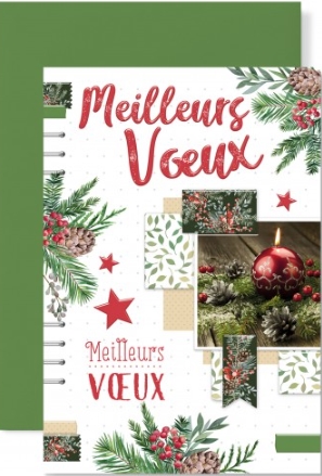 Carte double fin année bougie et branches de sapin