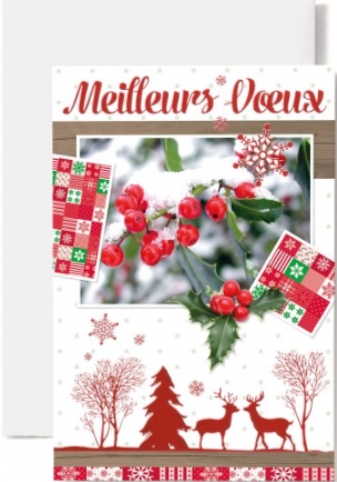 Carte double fin année houx, cerfs texte et dessin scintillants rouge