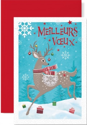 Carte double fin année cerf, cadeaux et boules de Noël