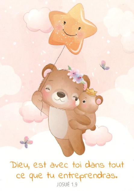 Carte postale pour les enfants avec verset dessin d'un ourson accroché à un ballon étoile