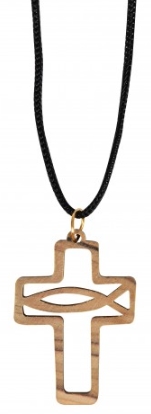 Collier 65 cm croix en bois d'olivier avec ichtus