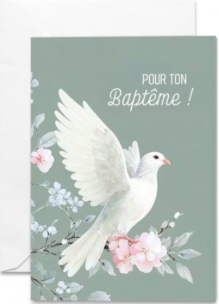 Carte double baptême colombe sur une branche en fleur