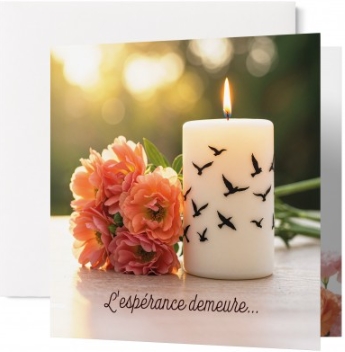 Carte double condoléances Bougie blanche avec motifs oiseaux et fleurs