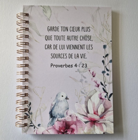 Carnet A6 spirales décor oiseau et fleurs roses