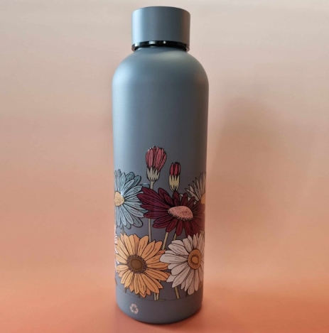 Bouteille isotherme grise fleurs colorées
