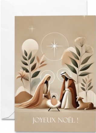Carte double noël Crèche dessinée sur fond crème