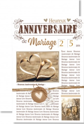 Carte double anniversaire de mariage écritures et coeurs dorés