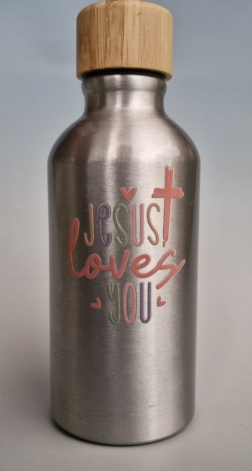 Petite Gourde argent, bouchon bambou « Jesus loves you »