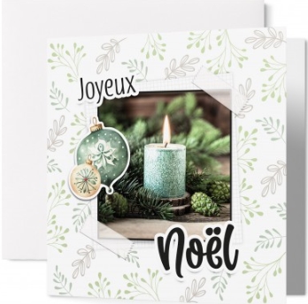 Carte double noël bougie verte allumée et boule en relief
