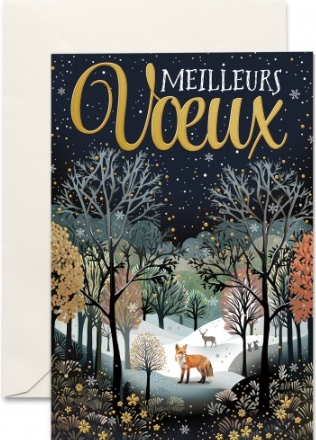 Carte double fin d'année forêt et animaux en hiver