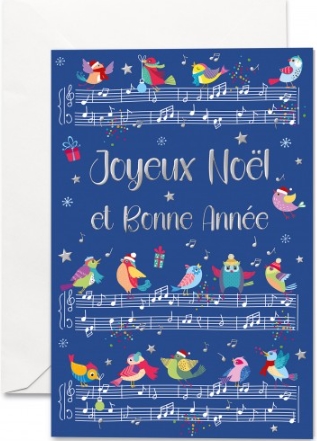 Carte double Noël et fin d'année oiseaux et notes de musique sur fond bleu