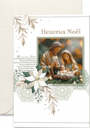 Carte double Noël Marie, Joseph et Jésus feuilles dorées