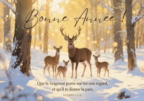 Carte postale bonne année famille de cerfs dans la forêt