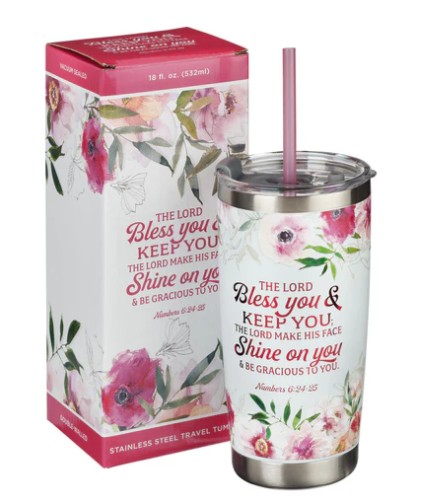 Mug  de voyage en acier inoxydable Bless You and Keep  -  avec paille réutilisable