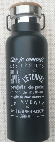 Bouteille isotherme noire avec couvercle à visser en bambou