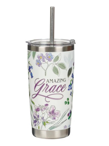 Mug  de voyage en acier inoxydable Amazing Grace - avec paille réutilisable - Purple florral