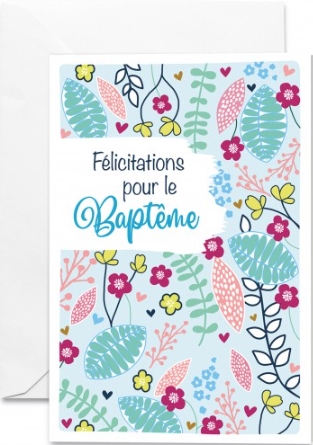 Carte double baptême motif floral sur fond bleu