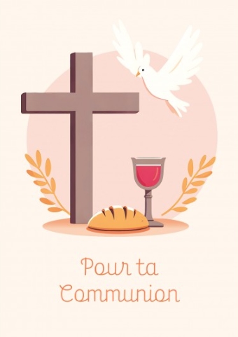 Carte postale communion illustration avec une coupe, la croix, du pain et une colombe