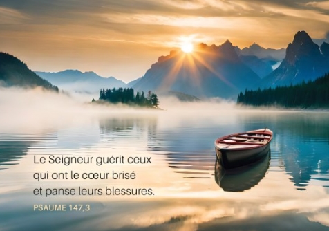 Carte postale condoléances avec verset barque sur un lac au soleil couchant