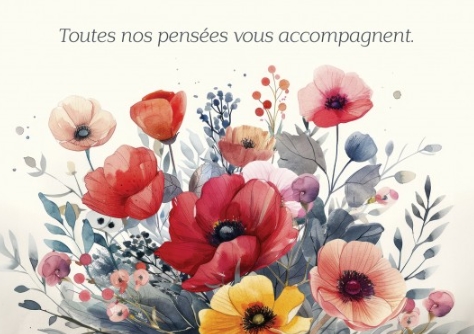 Carte postale condoléances bouquet de coquelicots et de fleurs