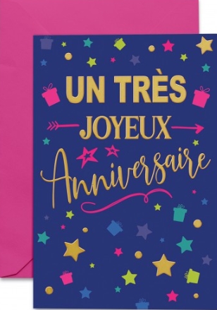 Carte double anniversaire  étoiles multicolores sur fond bleu foncé