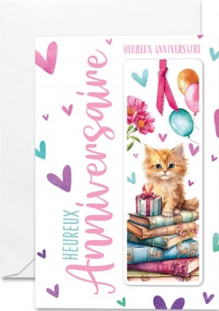 Carte double anniversaire marque-page chaton avec ruban rose, ballons et cœurs multicolores