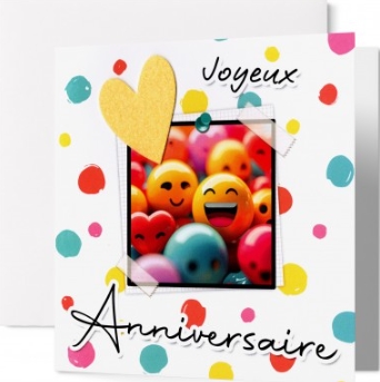 Carte double anniversaire emojis colorés, cœur jaune feutrine