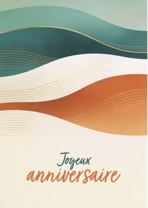 Carte postale anniversaire vagues beiges et turquoises avec dorures