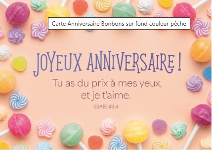 Carte postale anniversaire avec verset bonbons sur fond couleur pêche