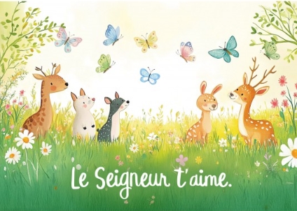Carte postale pour les enfants avec message animaux des bois et papillons dans un champ