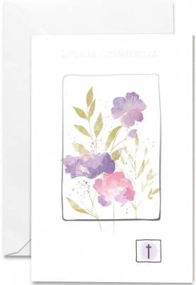 Carte double condoléances fleurs roses et violettes, croix