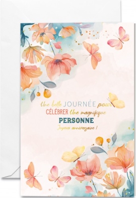 Carte double anniversaire Fleurs et papillons dessinés