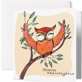 Carte double anniversaire chouette sur une branche