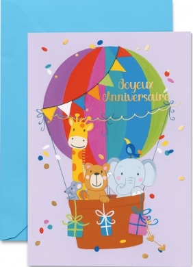 Carte double anniversaire animaux dans une montgolfière