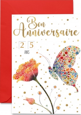 Carte double anniversaire papillon et fleur en points colorés