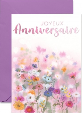 Carte double anniversaire champ de fleurs sur fond flou