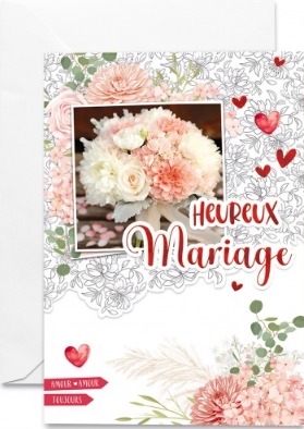 Carte double mariage bouquet blanc et rose sur motifs floraux dessinés