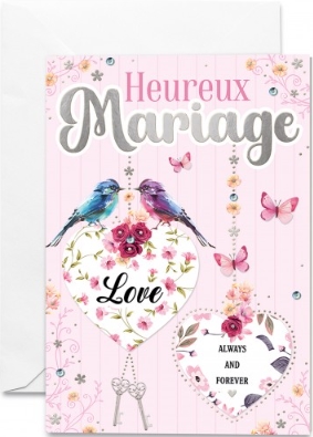 Carte double mariage cœurs blancs et oiseaux sur fond rose
