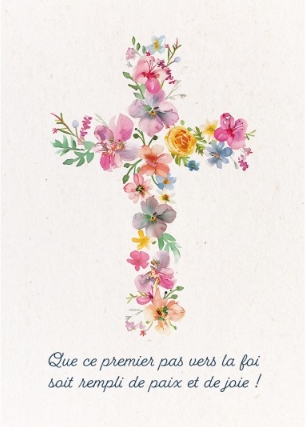 Carte postale communion croix de fleurs en aquarelle