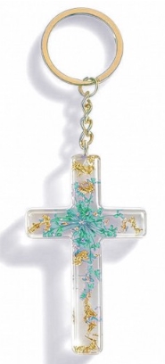 Porte-clé croix avec inclusions de fleurs - turquoise