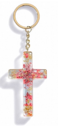 Porte-clé croix avec inclusions de fleurs - rouge